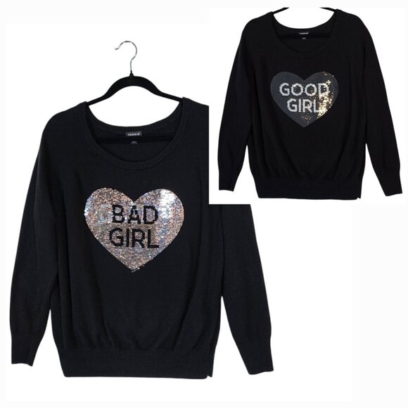 Torrid Women's Sequin Heart "Good Girl Bad Girl" Black Cotton Sweater 0X Lg | 12 - Picture 1 of 11